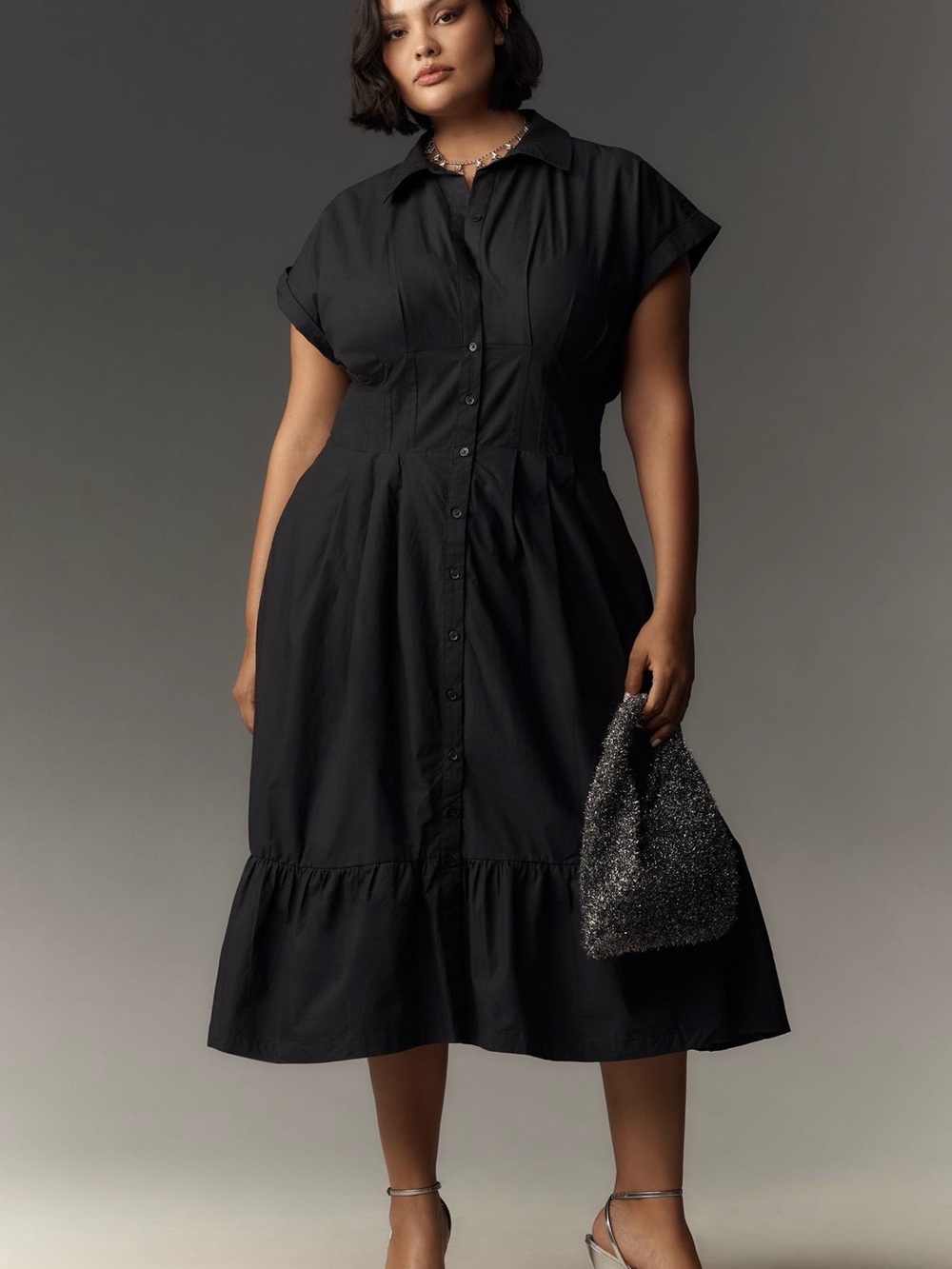 Anthropologie Black Button-Front Midi Shirt Dress